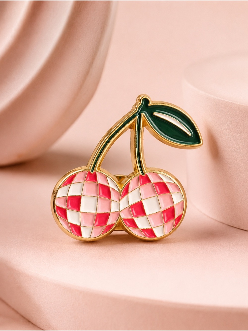Pink Checkered Cherry Enamel Brooch Pin - Picture 2 of 4